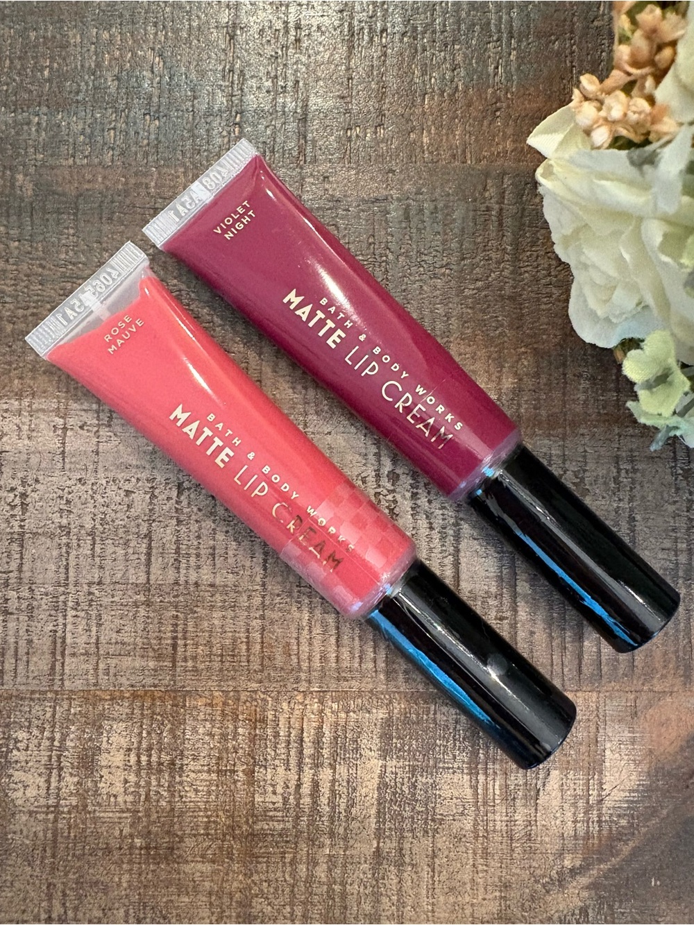 2 NEW Bath & Body Works MATTE LIP CREAMS in ROSE MAUVE & VIOLET NIGHT!